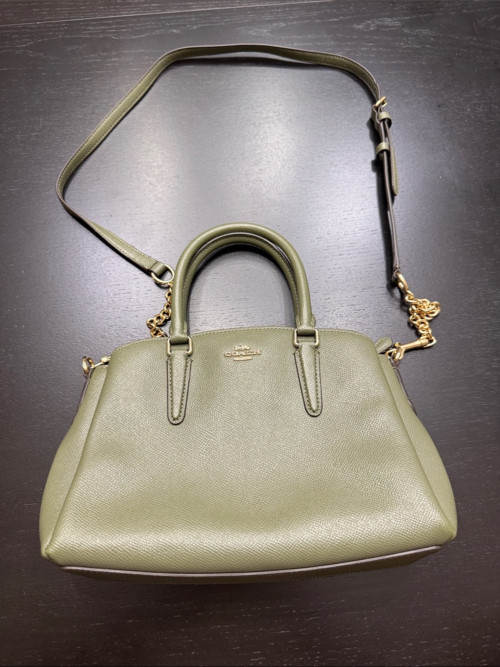 Coach mini surrey carryall, Olive Green Leather Satchel with Gold Chain Accent